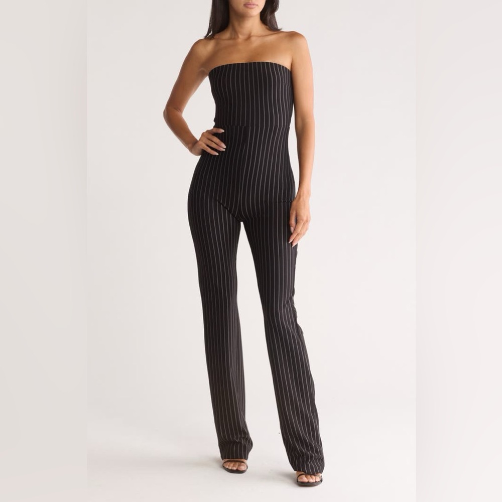 Naked Wardrobe Pinstripe Strapless Jumpsuit Black And White Size Small